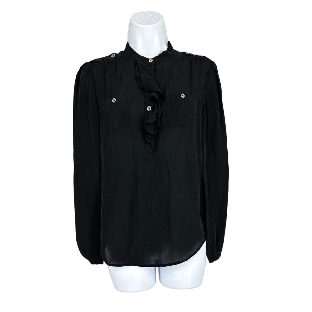 White House Black Market‎ 100% Silk Long Sleeve Henley Blouse Size 2